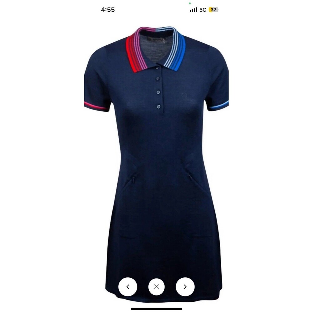 G/fore Fine Knit Dress Women L Navy Blue 100% Wool Super Soft Pkts Accent Stripe